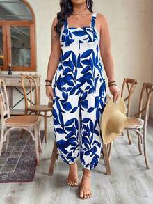SHEIN LUNE CURVE Plus Size Women Spring/Summer Fashion Adjustable Waist Printed Jumpsuit - Blue - View 5