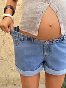 SHEIN Quần short denim bầu có túi, gấu quần xắn, kiểu dáng thường ngày, đa năng. - Màu xanh lam - Xem 3