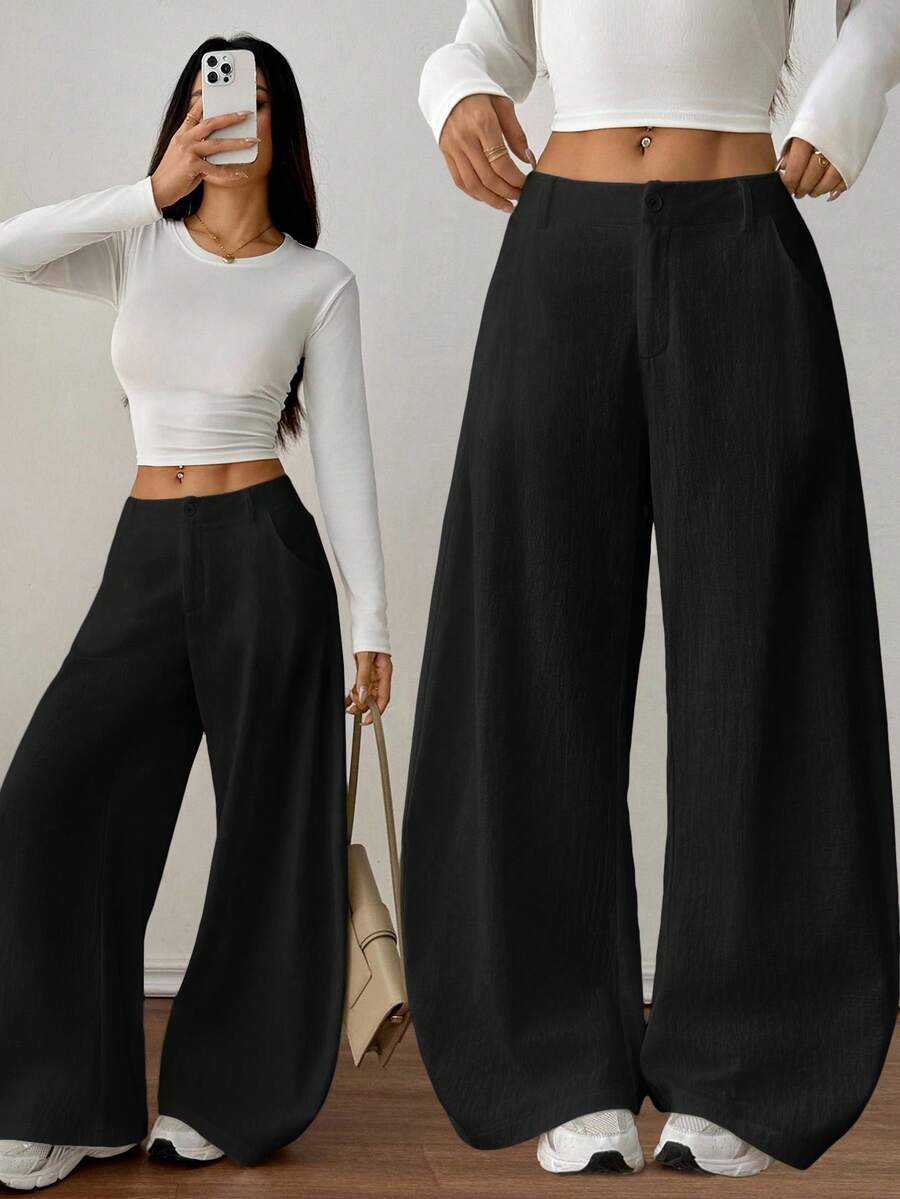 SHEIN PETITE Women's Casual Wide Leg Flare Pants - Black - View 1