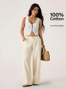 SHEIN PETITE 100% 水洗棉低腰直筒裤 - 杏色 - 查看 3