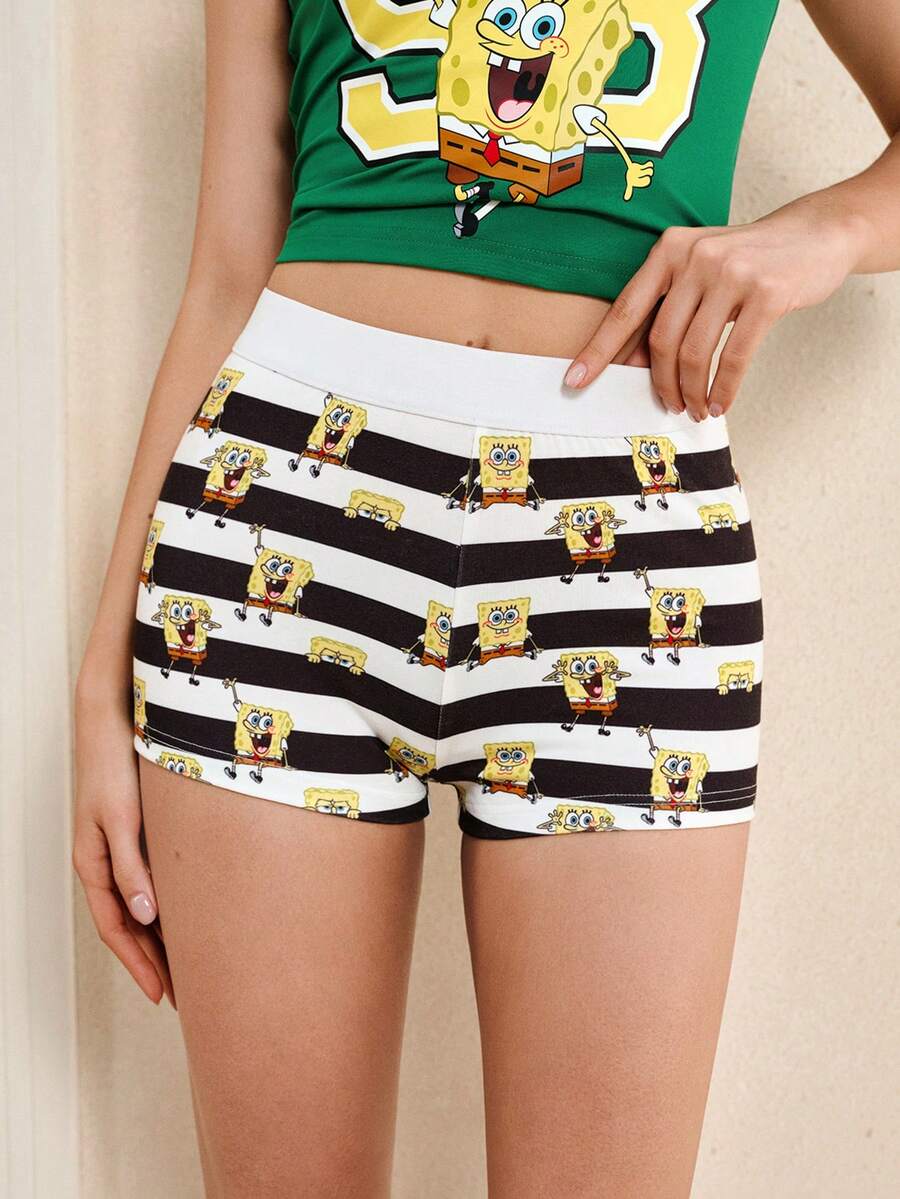 SpongeBob SquarePants | SHEIN 女士条纹松紧腰短裤 - 黑與白 - 查看 1