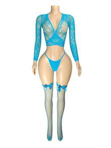 PetitDoll Bộ đồ lót gợi cảm 4 món dành cho nữ, gồm áo liền quần lưới và tất, màu đỏ tươi - Màu xanh lam - Xem 3