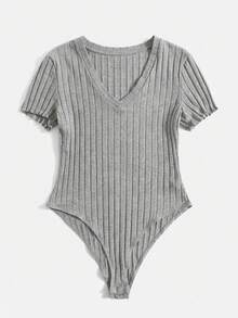 SHEIN EZwear 浅灰色V领短袖罗纹休闲连体衣，适合大码女性 - 淺灰色 - 查看 5