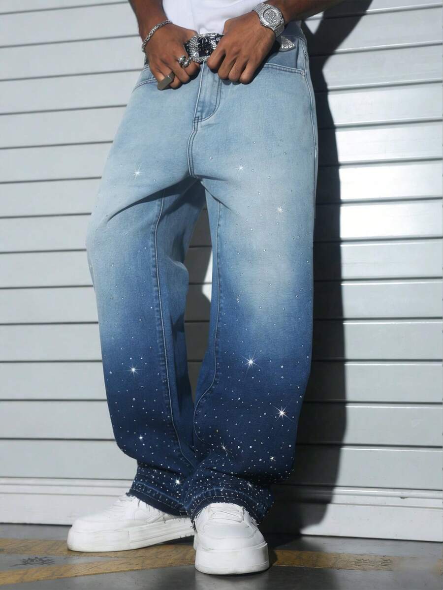Manfinity EMRG Quần ống rộng dáng suông nam phong cách đường phố Mỹ, chất liệu vải denim bạc màu, đính đá lấp lánh. - Rửa trung bình - Xem 1