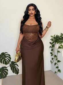 Maweii Plus Size Women's Spaghetti Strap Solid Color Elastic High Tolerance Fabric Patchwork Lace Sheer Sexy High Slit Dress, Elegant, Fashionable, Casual, Commute, Business Office New Dresses 2026 Women's Dress Formal Wear Women Party Dress Wow Dress Luxury Dresses For Women Brown Dresses For Women Elegant Party Body Fit Long Dress Women's Dress Formal Wear New Dress 2026 Spaghetti Strap Dress Brown Long Dresses For Ladies Brown Lace Dress Brown Dresses For Curve Brown Maxi Dress - Brown - View 2