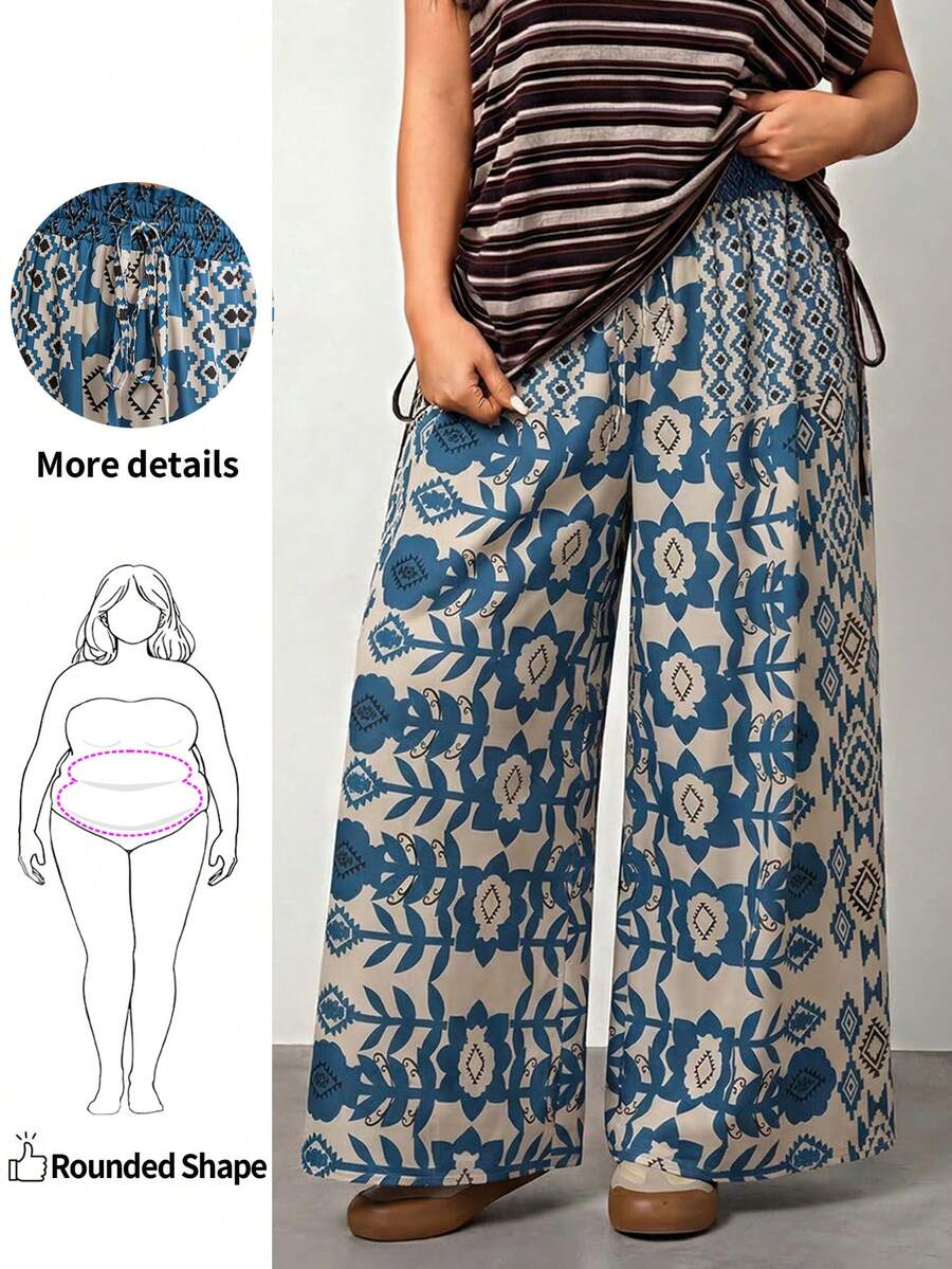 Enliva Plus Size Women's Paper Bag Waist Tied Loose Wide Leg Pants Valentine's Day, For Apple And Rounded Body Shape - Blue and White - View 1