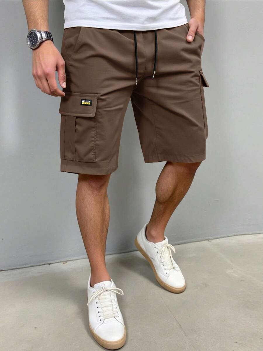 Manfinity Homme Men's Letter Printed Elastic Waist Drawstring Pocket Cargo Shorts - Coffee Brown - View 1