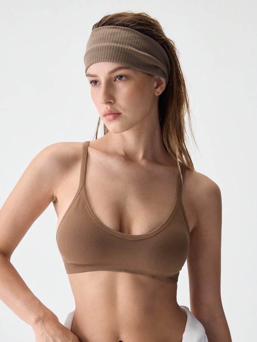 Loungeista 1 pieza Sujetador sin aros cómodo de unicolor para mujer para el verano - Café integral - Ver 1