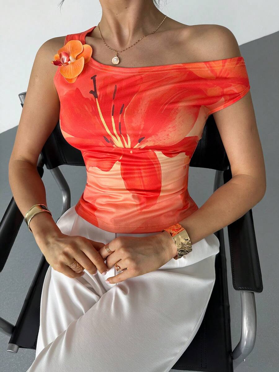 RiviMae 音乐节度假风印花女式上衣 - 橘色 - 查看 1