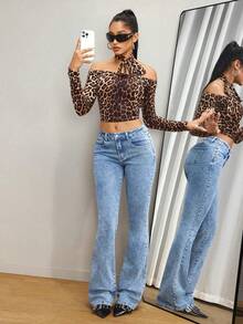 SHEIN Tall 復古低腰休閒修身喇叭牛仔褲，適合高個女性 - 淺色水洗藍 - 查看 6