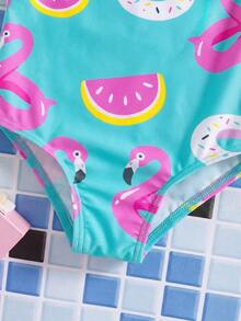 SHEIN Baby Girl Cartoon Print Bow Decor Flutter Sleeve One-Piece Swimsuit, Beach Vacation - Multicolor - View 5