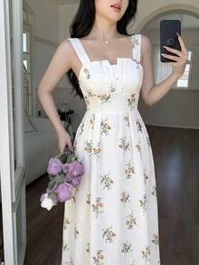 Celisse Vestido largo de tirantes con estampado floral rosa y plateado para mujer - Albaricoque - Ver 3