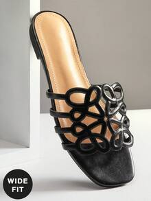 SHUZIA Women's Wide-Fit Fashionable Elegant Floral Cut-Out Slip-On Flat Sandals - Black - View 4