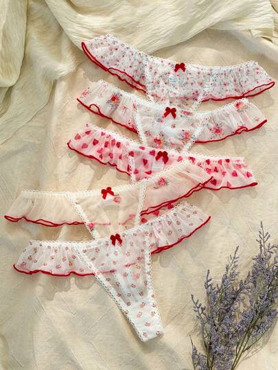 5 piezas de tangas sexys con volantes, impresas, de malla transpirable y lindas para lencería