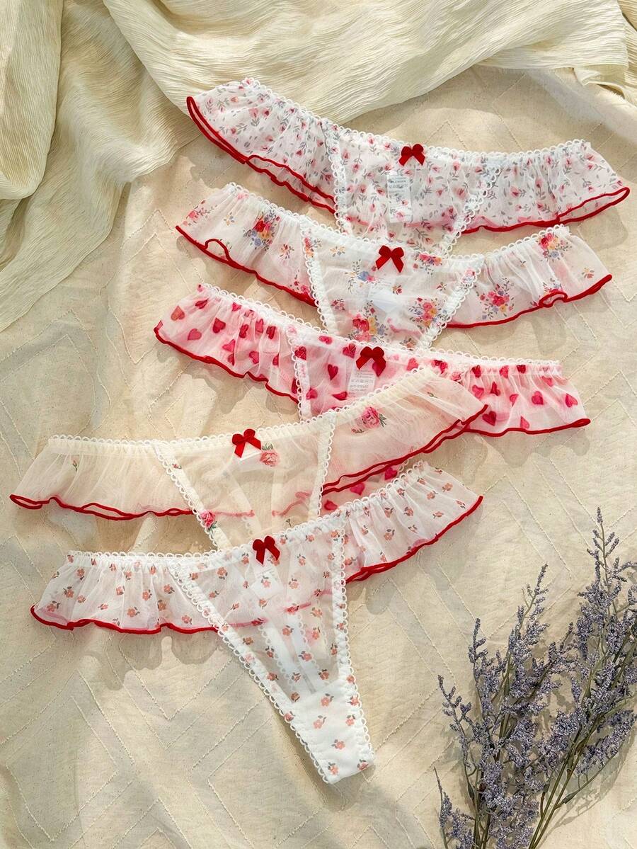 5 件装可爱印花网眼透气荷叶边性感丁字裤内衣 - 彩色 - 查看 1