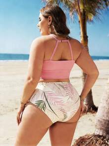 Swim Lushoire Plus Size Women 2pcs Random Print Tankini Swimsuit With Tummy Control, Beach Holiday - Baby Pink - View 2