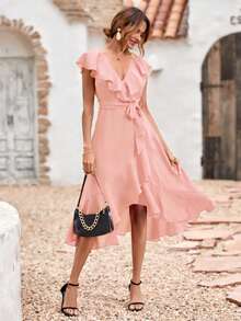 EMERY ROSE Solid Ruffle Trim Belted Wrap Dress For New Year Clothes Maxi Vacation Beach Outfits Women - Pink - View 4