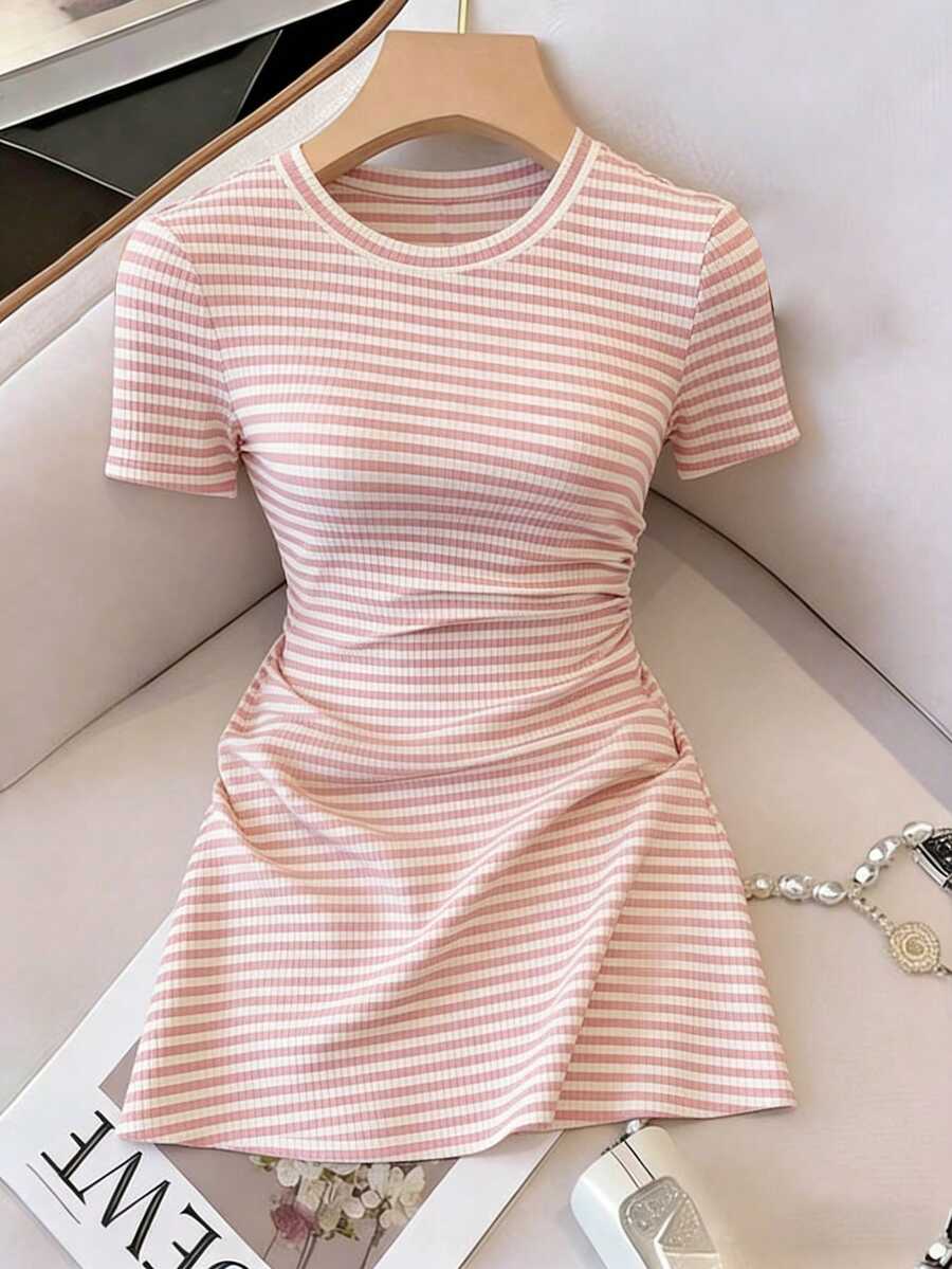 Vestido casual de mujer con cuello redondo, a rayas y plisado - Multicolor - Ver 1