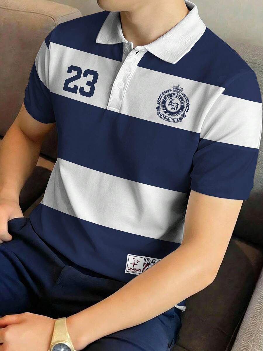 Manfinity Homme 男士短袖洛杉矶时尚学院风 Polo 衫，运动休闲衬衫，加州风 T 恤 Polo 衫 - 彩色 - 查看 1