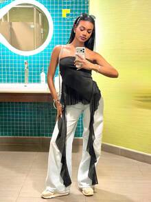 Váy ngắn xếp nếp ren thể thao Y2K họa tiết tương phản mùa hè/xuân cho nữ - màu đen - Xem 6