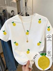 Resyla Women's Casual Lemon Embroidery T-Shirt, Summer - White - View 1