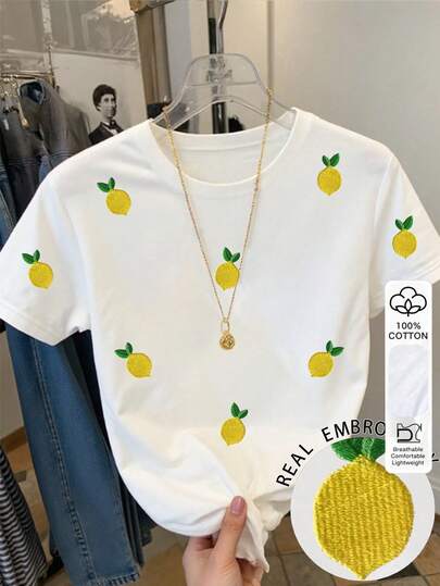 Resyla Women's Casual Lemon Embroidery T-Shirt, Summer