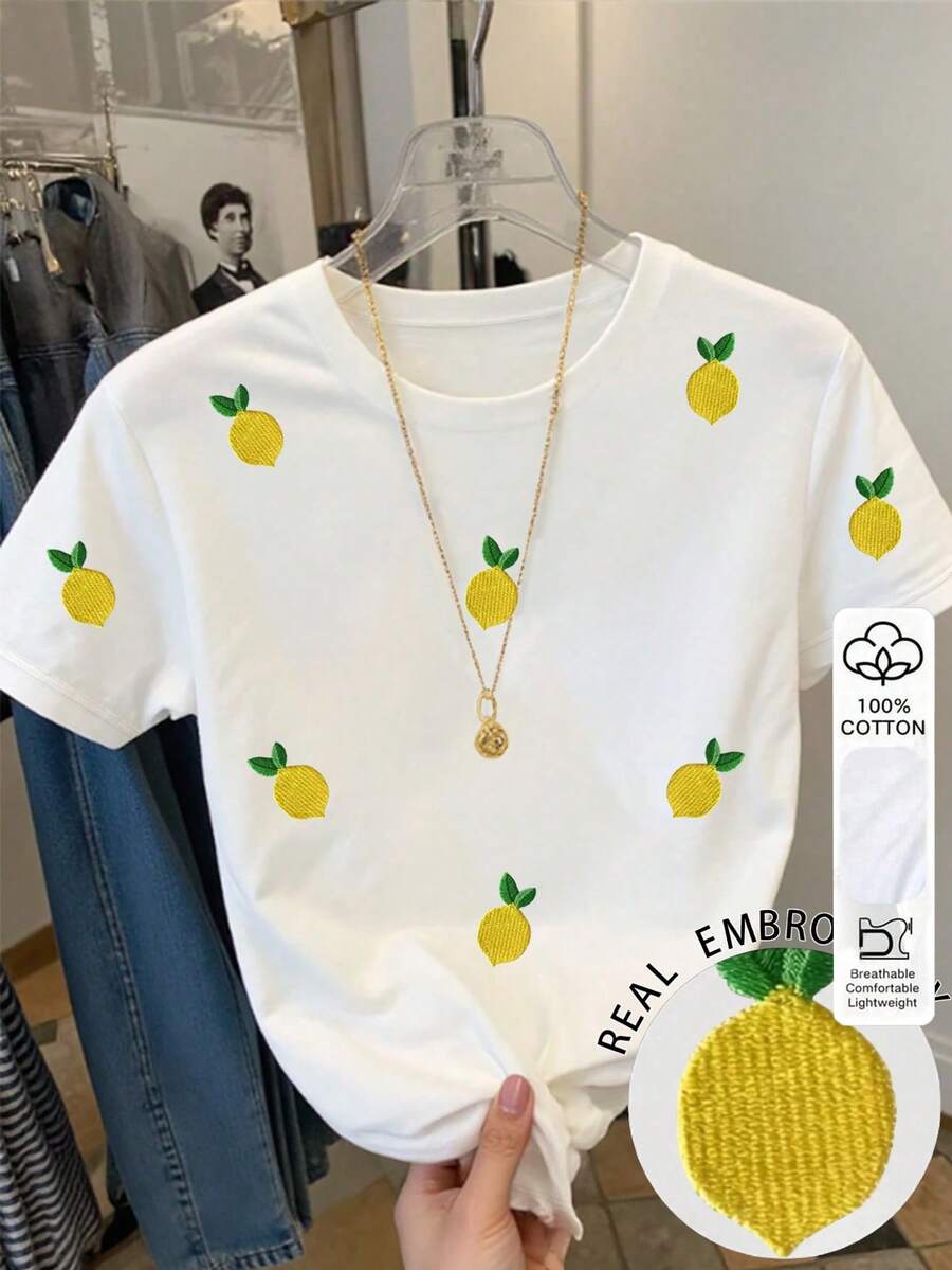 Resyla Women's Casual Lemon Embroidery T-Shirt, Summer - White - View 1