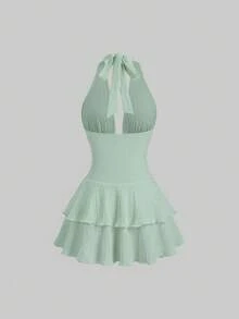Sweetra Elegant Textured Brown Metal Buckle Decor Halter Neck Ruffle Hem Short Dress, Suitable For New Year Party - Green - View 2