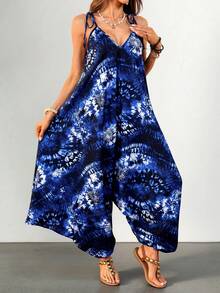 Fembélia Printed & Tie-Dye Ink Wash Casual Loose Jumpsuit For Women - Blue - View 2