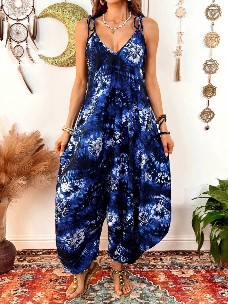 Fembélia Printed & Tie-Dye Ink Wash Casual Loose Jumpsuit For Women - Blue - View 1