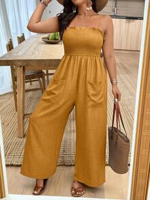 Weeklong Plus Size Women Textured Fabric Jumpsuit With Spaghetti Straps, Suitable For Vacation - Yellow - View 3