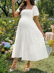 Lyckli Maternity Solid Color Raglan Sleeve Casual Midi Dress - White - View 4