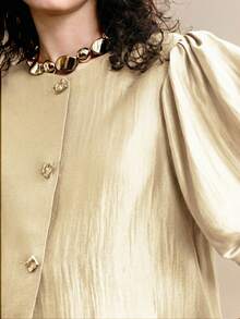 Arave Blusa de mujer de verano con cuello redondo, manga de farol y diseño texturizado, con hilos dorados brillantes trenzados - Albaricoque - Ver 2