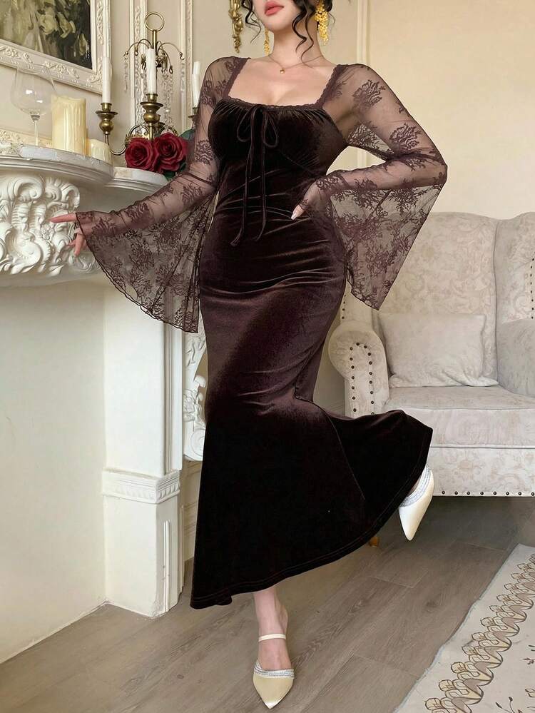 Women's Elegant Lace Patchwork Flare Sleeve Dress Sundress