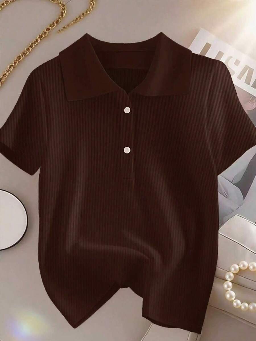 GlowEve CURVE Plus Size LUNE Women Short Sleeve T-Shirt, Casual Color Blocking, Versatile Polo Collar, Suitable For Summer Daily Wear, Sports, Business Commute - Coffee Brown - View 1
