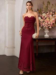 MOTF Soiréza WOMEN'S OCCASION WEAR MERMAID HEM LACE PATCHWORK LONG DRESS - Burgundy - View 5