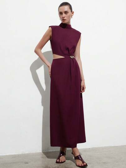 Aveloria Modichic Long Maxi Dress Drapey Suit Fabric Slim Fit Ruched Waist With Metal Buckle Halter Mock Neck Side Slit Cut Minimalist High-End Red Elegant Dresses For Women Red Dress Work Outfits For Women Formal Dresses For Women