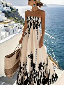 Breezaya 欧美风优雅无肩带收腰印花A字中长连衣裙，通勤时尚 - 杏色 - 查看 5