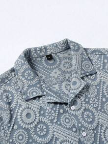 Manfinity Homme Men's Floral Jacquard Single-Breasted Short Sleeve Shirt - Blue - View 5
