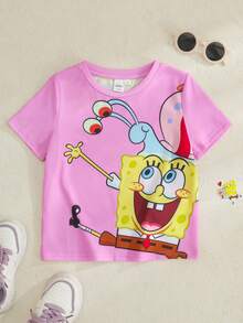 SpongeBob SquarePants | SHEIN 卡通印花圆领短袖休闲T恤 - 玫紅色 - 查看 1