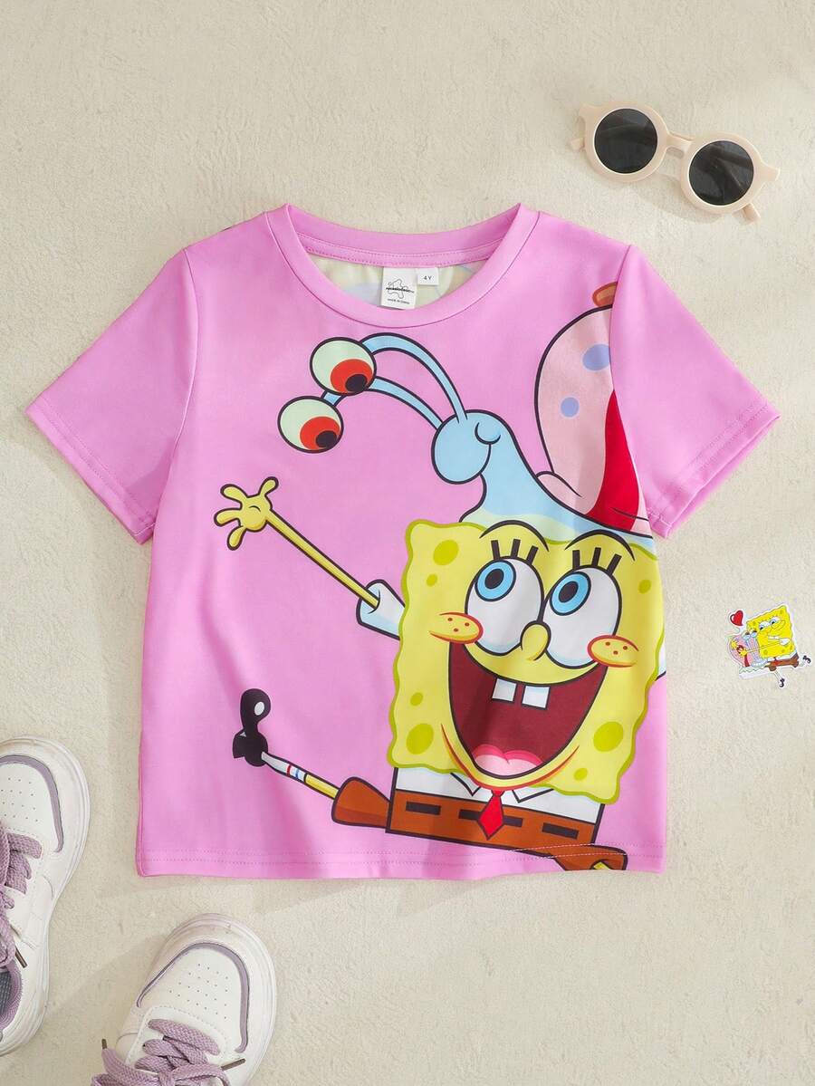 SpongeBob SquarePants | SHEIN 卡通印花圆领短袖休闲T恤 - 玫紅色 - 查看 1