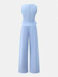 Tween Girls' Double-Breasted Vest And Wide-Leg Pants Casual Outfit - Blue - View 2