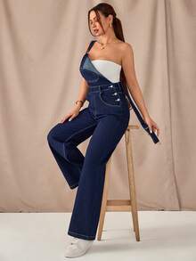 SHEIN Raw Dark Blue Washed Denim Woman's Casual Style Overall Button Detail - Dark Wash - View 2