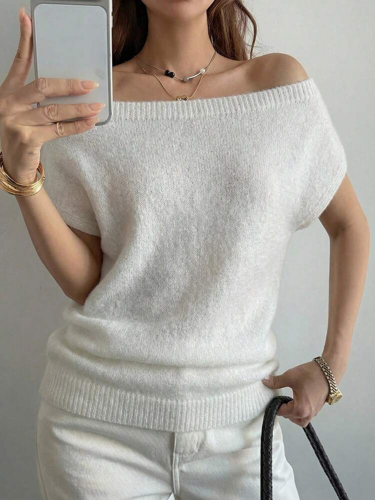 Women's Elegant Cold-Shoulder Short Sleeve Cold-Shoulder Sweater Off The Shoulder