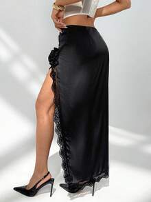 SHEIN Raffinéa Váy nữ mùa xuân/hè mới, xẻ cao, phối ren, thanh lịch, gợi cảm, lãng mạn. - màu đen - Xem 5