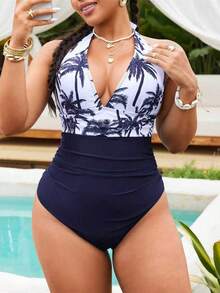 Swim Lushoire Traje de baño de una pieza con estampado floral, escote halter y espalda descubierta, talla grande - Azul - Ver 5