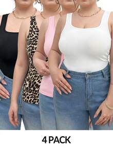 SHEIN Essnce 大码休闲针织背心，4 件套，颜色可选，女士休闲背心，女士服装背心，夏季女士上衣，女士背心套装，多件装上衣，女士背心，大码上衣，多件装背心 - 彩色 - 查看 1