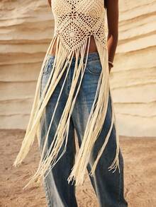 Maija Women's Hollow Out Design Fringed Hem Sleeveless Knit Top, Suitable For Vacation - Apricot - View 4