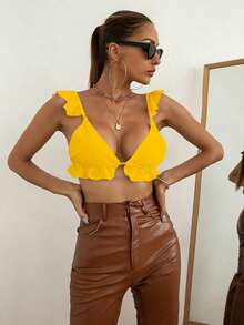 Chiquease Women's Vacation Solid Color Ruffle Hem Fitted Sexy Top Golf Pastal Summer - Yellow - View 7