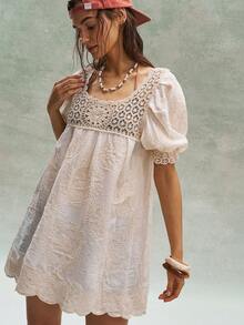 Bohemela 女士夏季针织度假衬衫，方领优雅长款刺绣蕾丝复古套头衫 - 杏色 - 查看 2